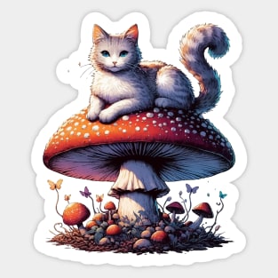 Funny Vintage White Cat in Mushroom Garden Sticker